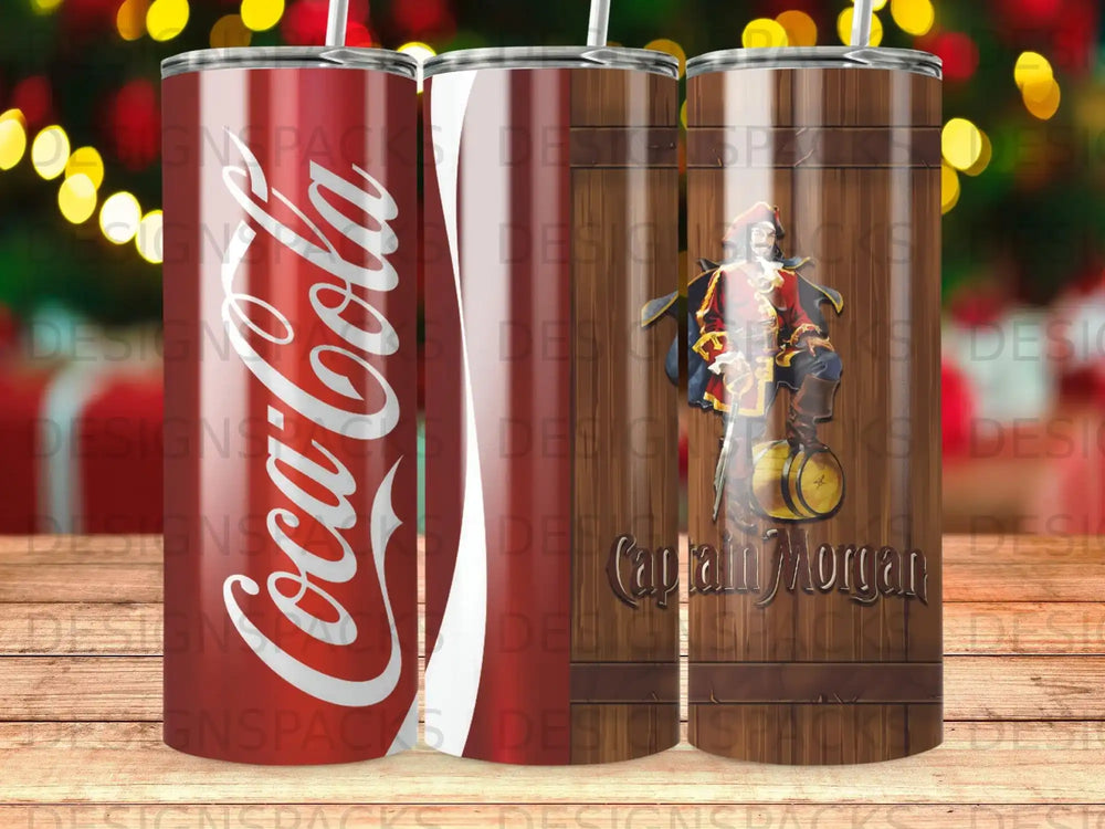 Coca-Cola tumbler next to Captain Morgan tumbler with pirate design.