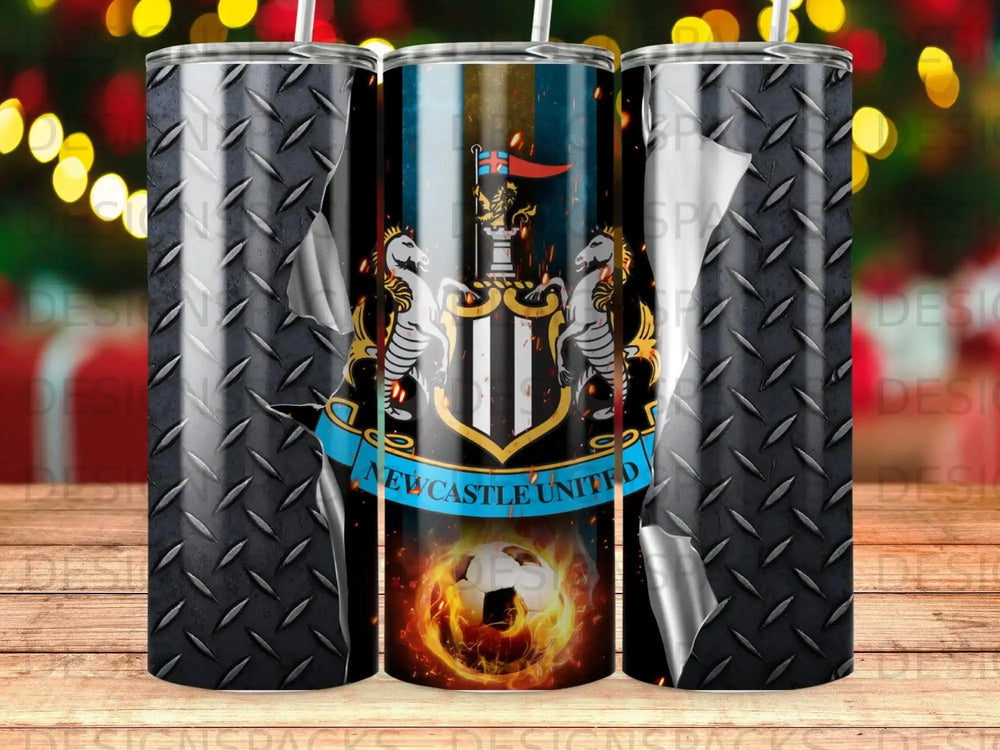 Newcastle United FC crest on a thermal tumbler with ripped metal effect.
