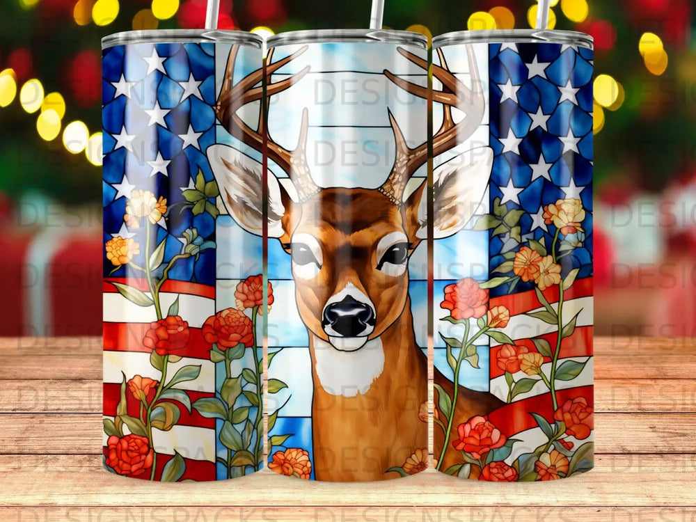 Deer with American flag and flowers on a tumbler.