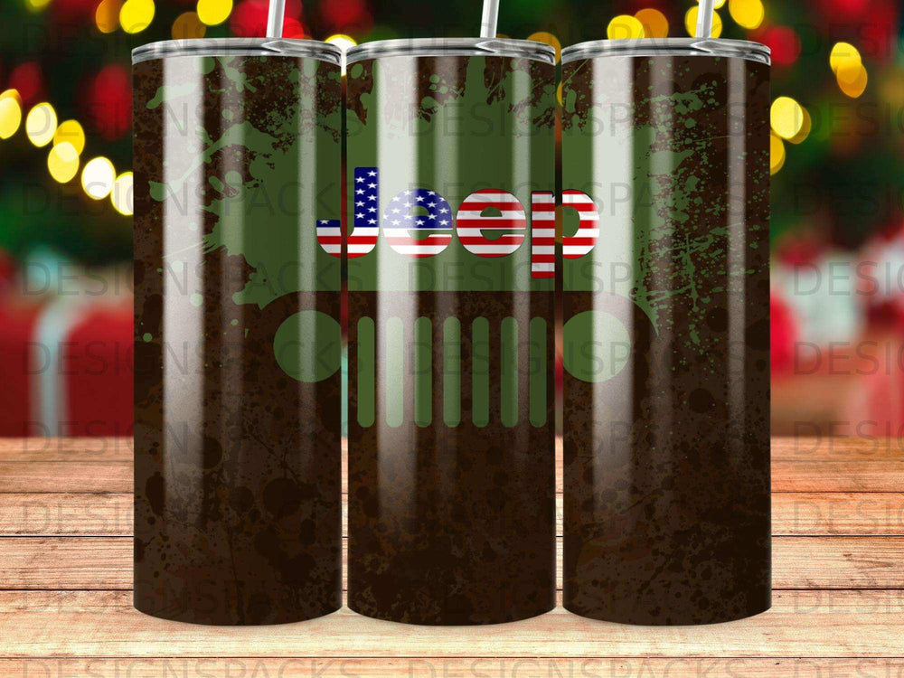 Jeep logo with American flag on a dark, distressed camouflage tumbler.