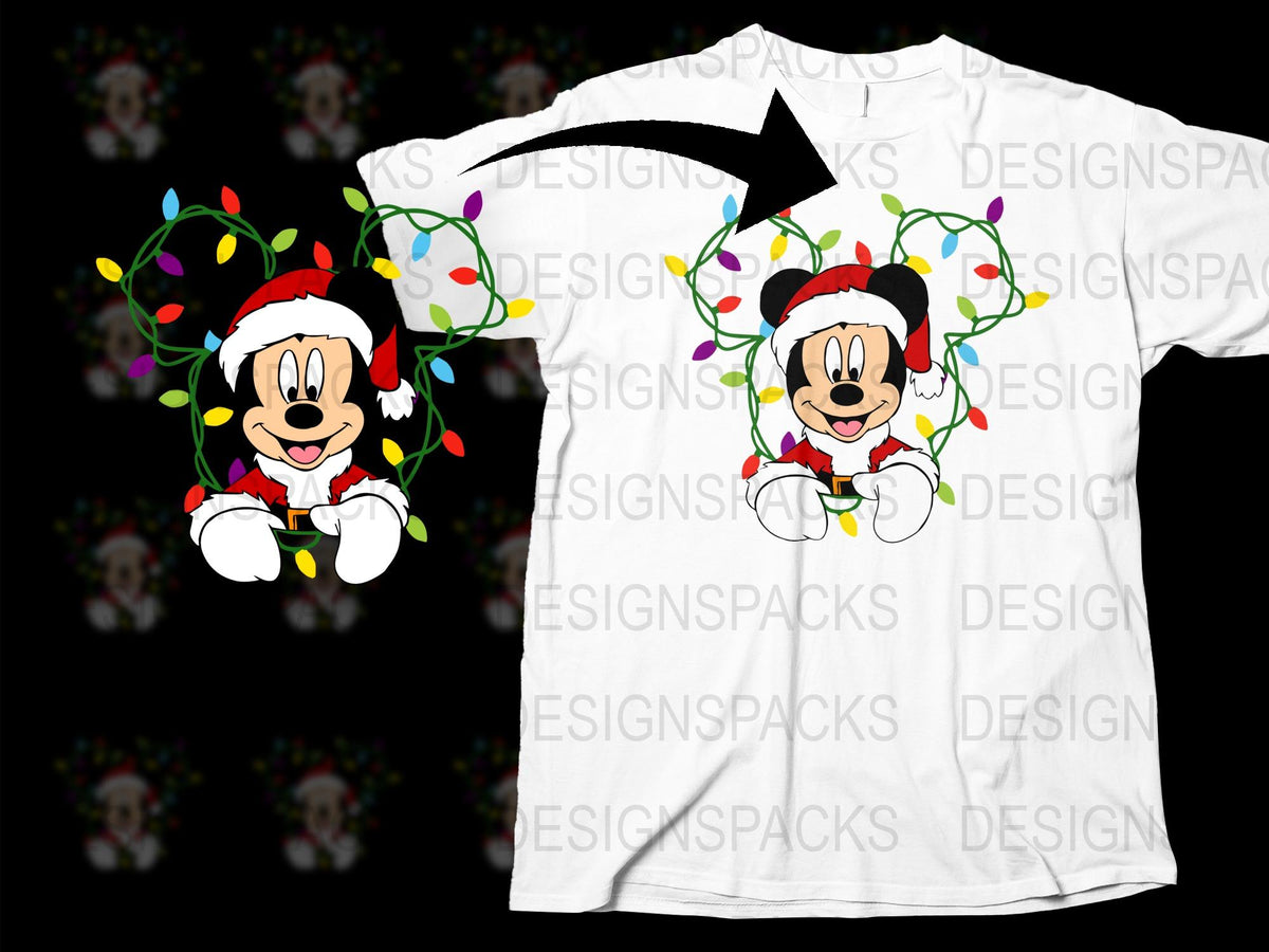 Mickey Mouse Christmas T-Shirt, Festive Holiday Tee, Disney Character Apparel, Colorful Lights Design, Unisex Kids and Adults Fashion