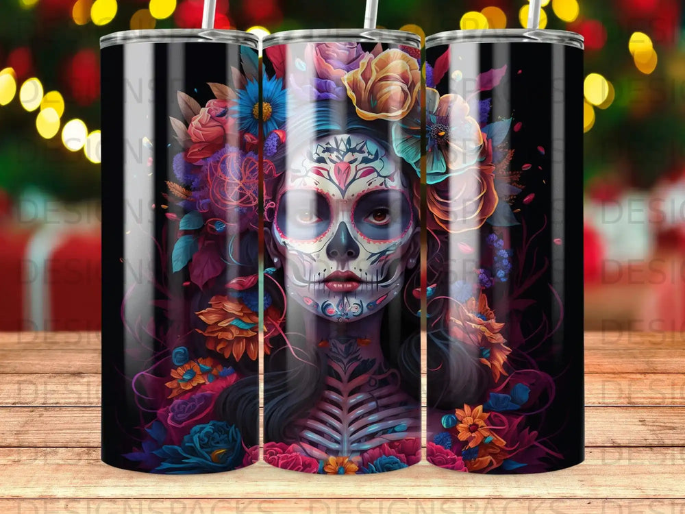 Day of the Dead sugar skull woman with colorful flowers and skeletal details.