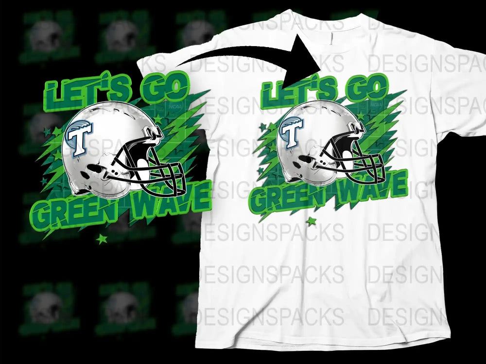 Green Wave Football T-Shirt, Let's Go Team Graphic, Sports Fan Apparel, Unisex White Tee