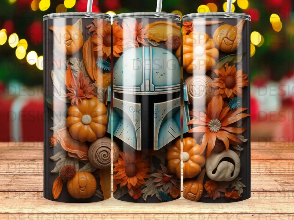 Mandalorian helmet with pumpkins and fall foliage.