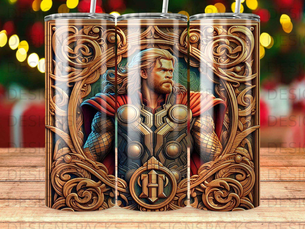 Thor with ornate golden frame, holding Mjolnir, on a cylindrical tumbler.