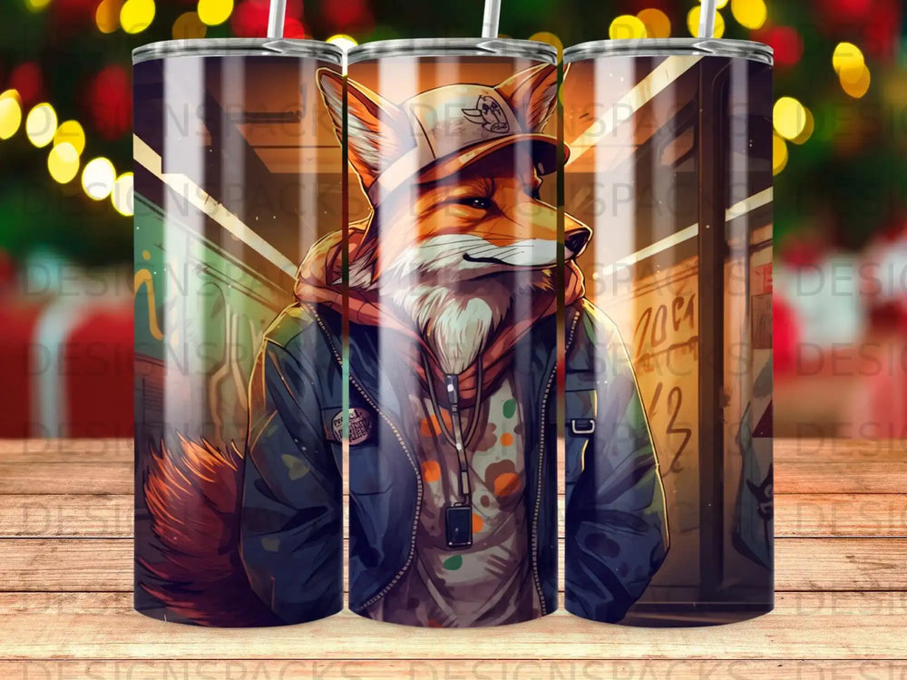 Fox wearing a hat and jacket, front view, on a tumbler.