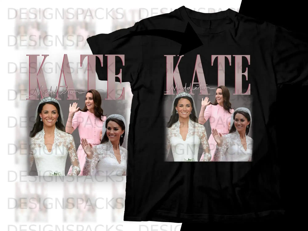 Black t-shirt featuring a collage of Kate Middleton in wedding and pink dress.