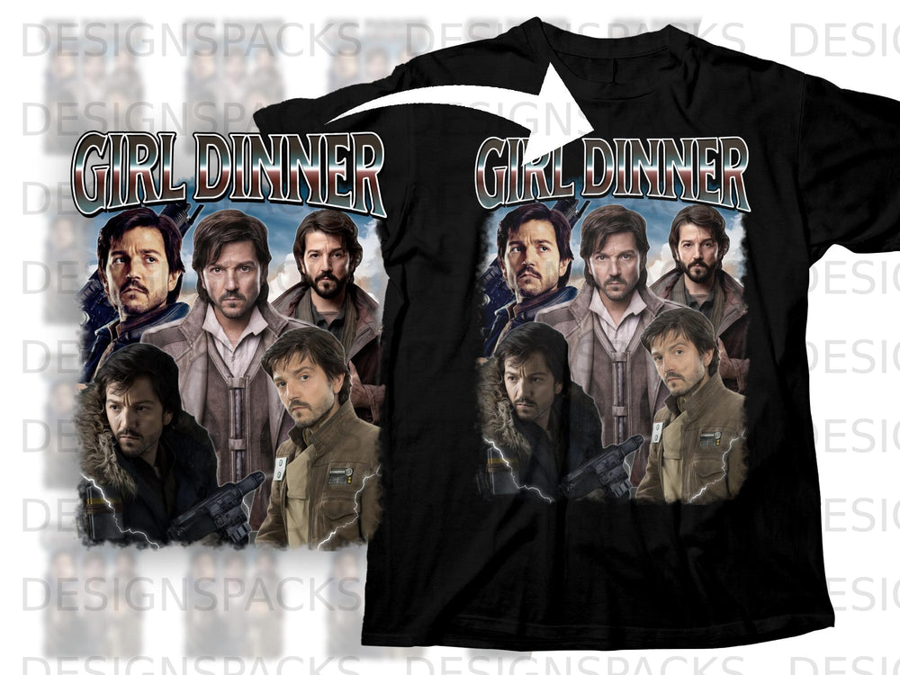 Black t-shirt with "Girl Dinner" text and group of men from Star Wars Andor.