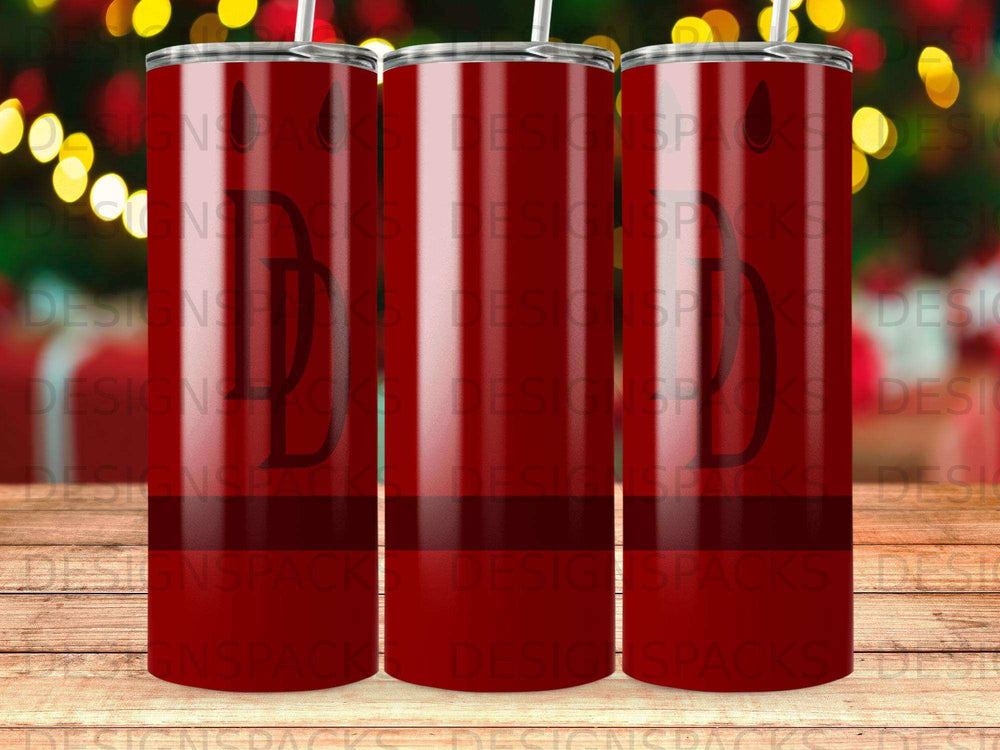 Red tumbler with repeating dark red "D" logo and striped design.