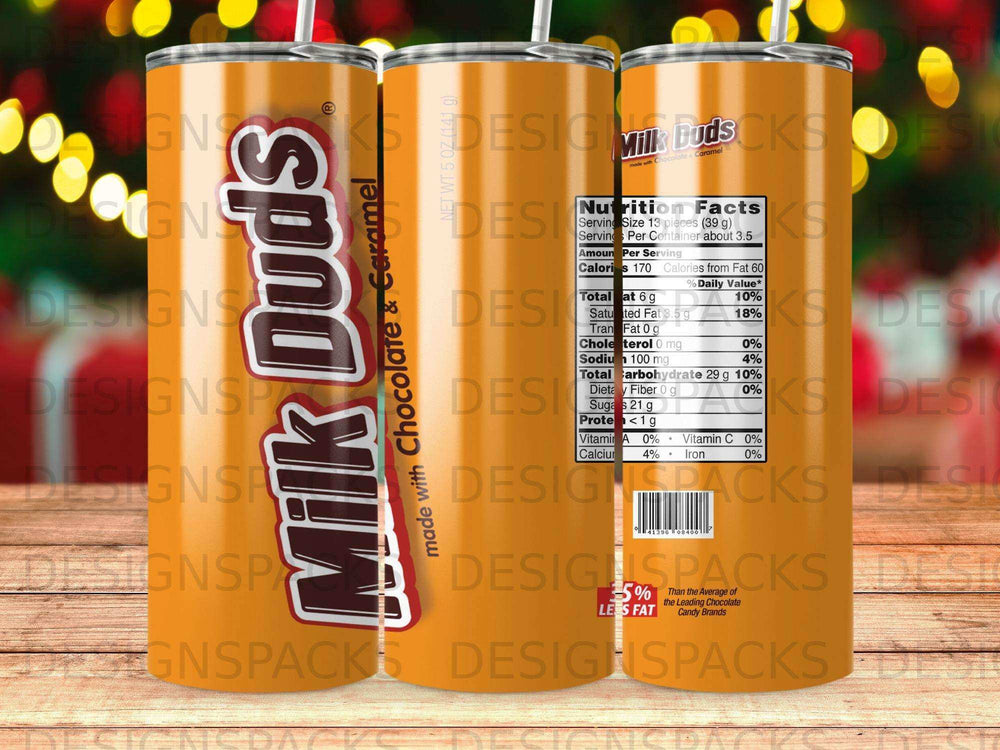 Milk Duds candy tumbler with nutrition facts label and candy ingredients.
