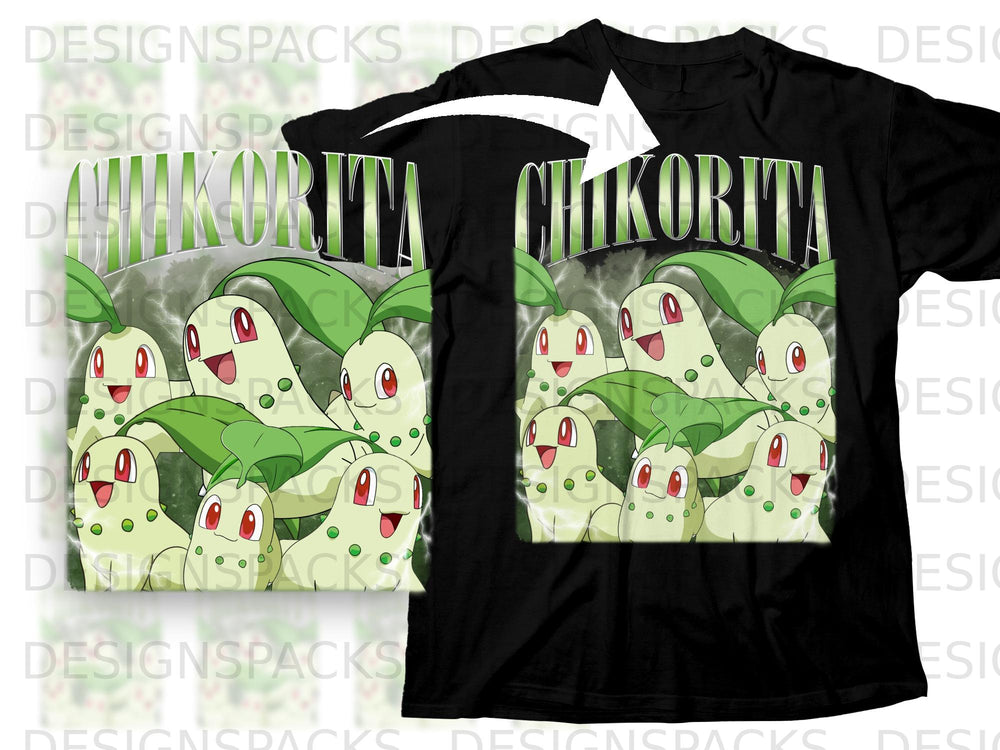 Chikorita Pokemon graphic on a black t-shirt with lightning background.