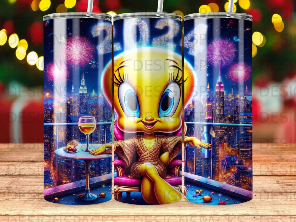 Tweety Bird sits on a balcony with a city skyline and fireworks, holding a drink.