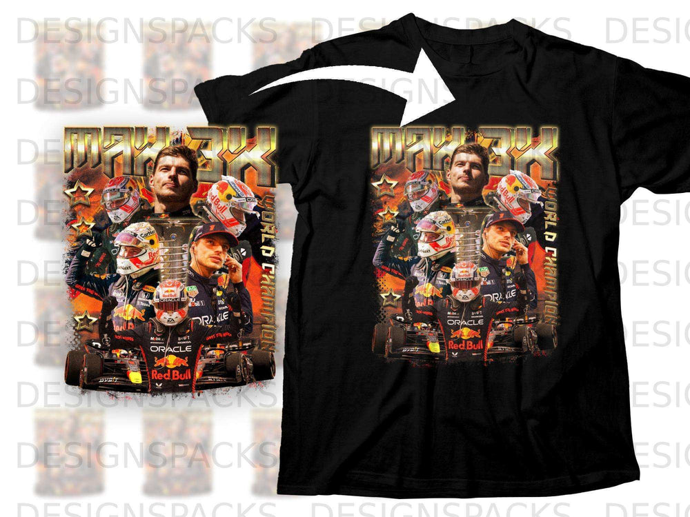 Black t-shirt with "Max Verstappen World Champion" graphic featuring Red Bull branding.