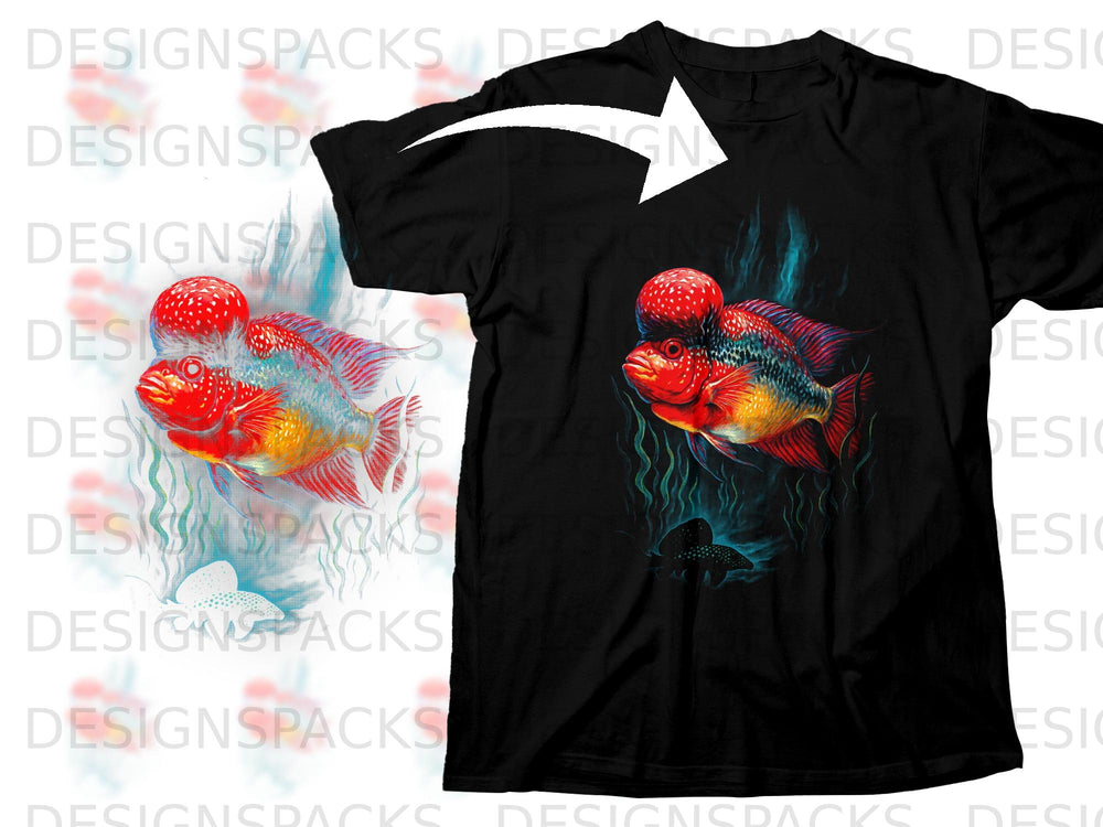 Black t-shirt with a colorful fish graphic and aquatic plants.