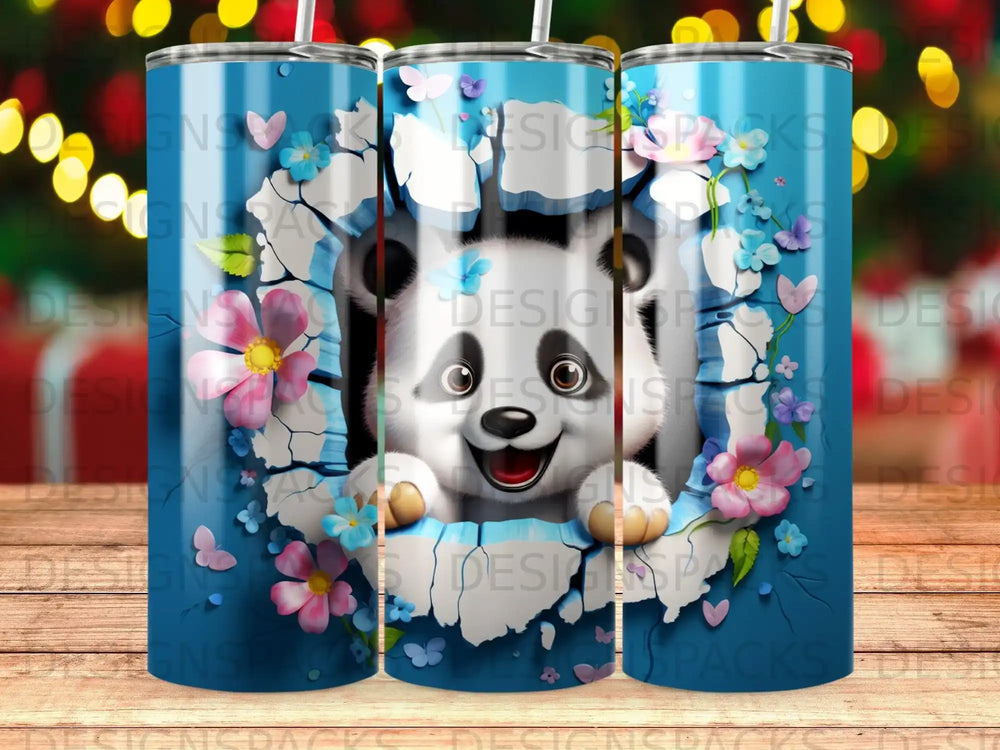 Panda peeking through a hole with flowers and butterflies.
