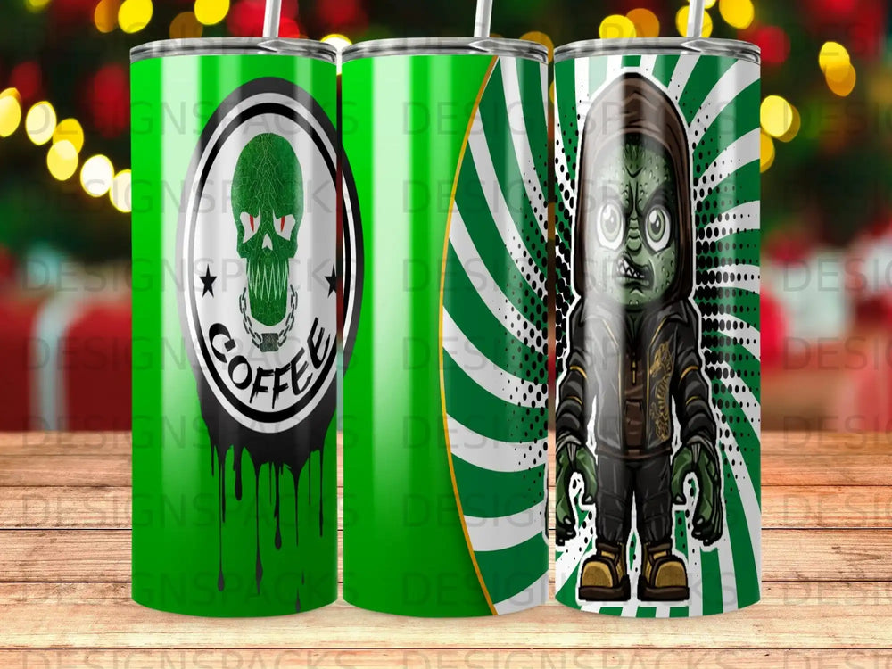 Green tumbler with coffee logo and creepy character graphic.