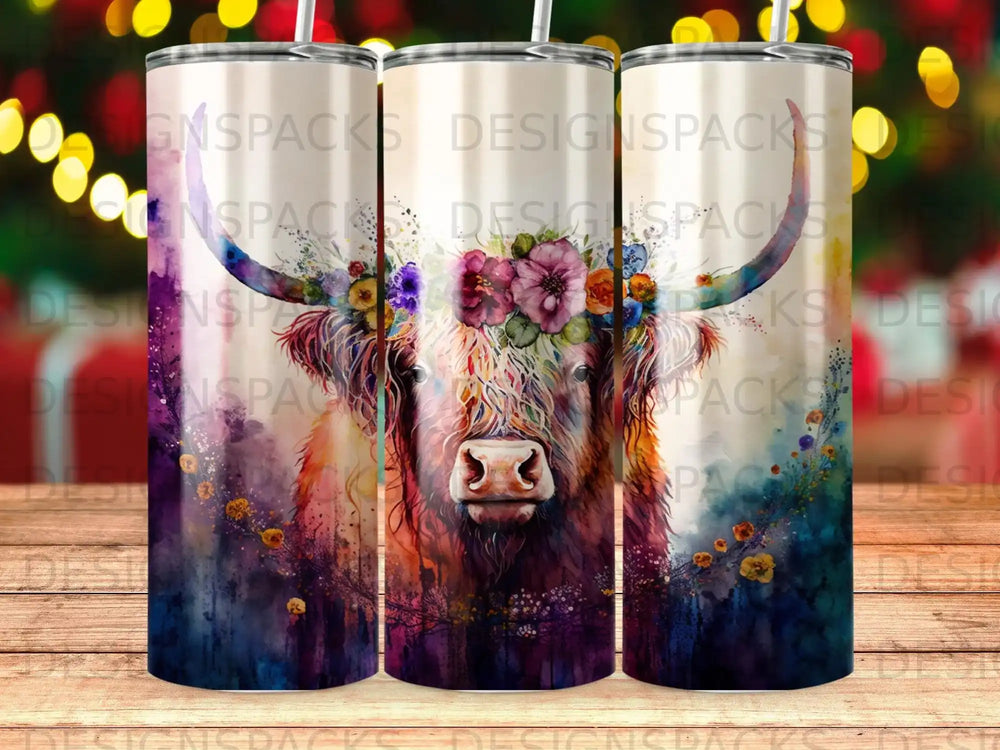 Highland cow with floral headdress, watercolor background, on three tumblers.