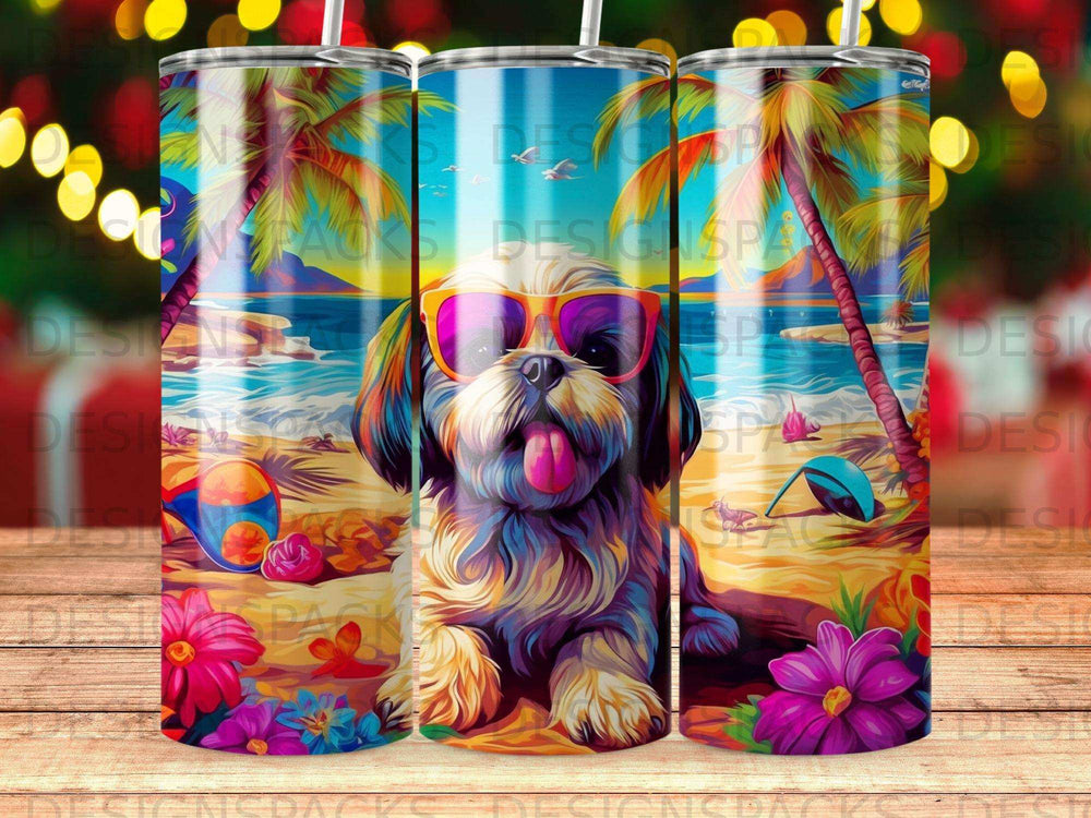 Dog wearing sunglasses on beach with colorful flowers and palm trees.