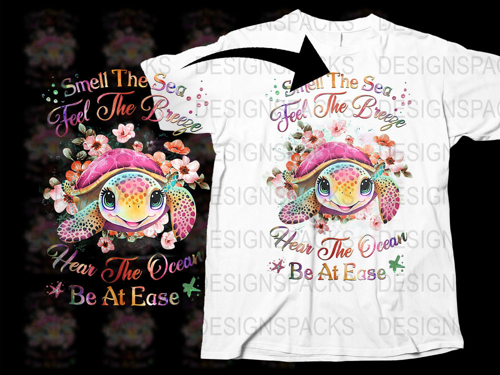 Cute Turtle Graphic T-Shirt, Feel the Sea, Floral Summer Tee, Ocean Theme Casual Shirt, Colorful Turtle Design, Beachwear Top