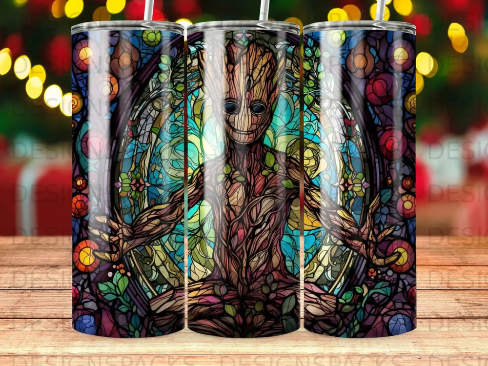Groot character in stained glass style, sitting cross-legged.
