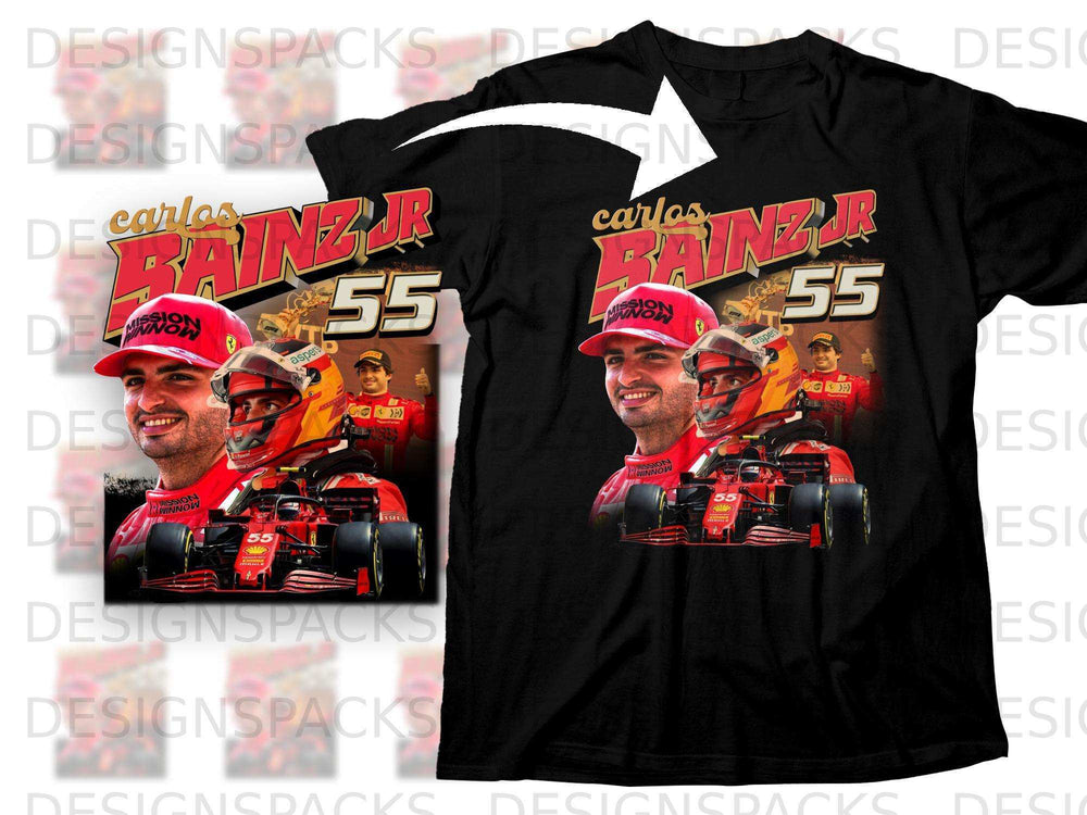 Black t-shirt with Carlos Sainz Jr. and Formula 1 car graphic, "Carlos Sainz Jr. 55".