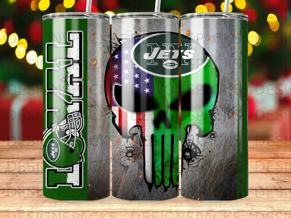 New York Jets skull tumbler with American flag and distressed metal background.