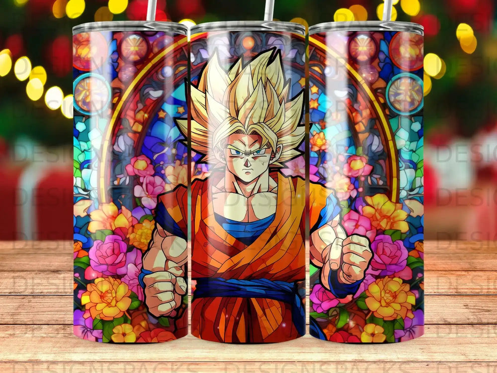 Goku in orange gi, fists clenched, with floral stained glass background.
