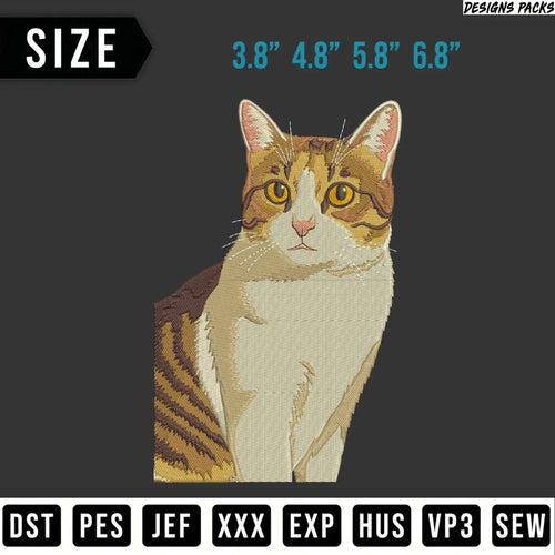 Embroidery design for cat, sizes 3.8-6.8 inches, file types DST, PES, JEF.