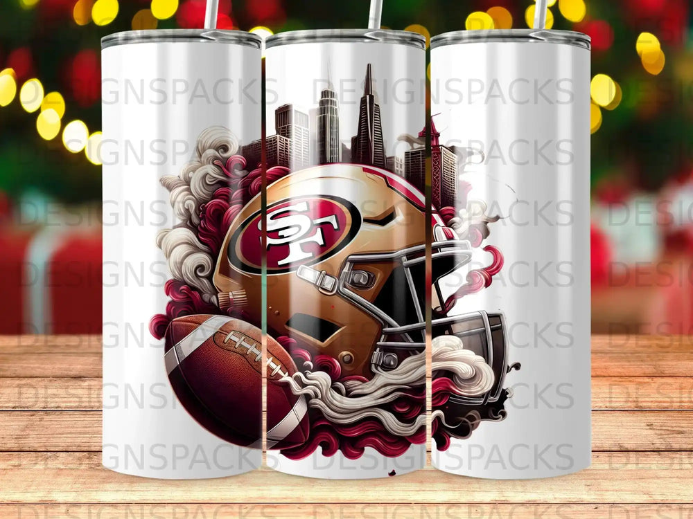 San Francisco 49ers helmet and football with cityscape background.