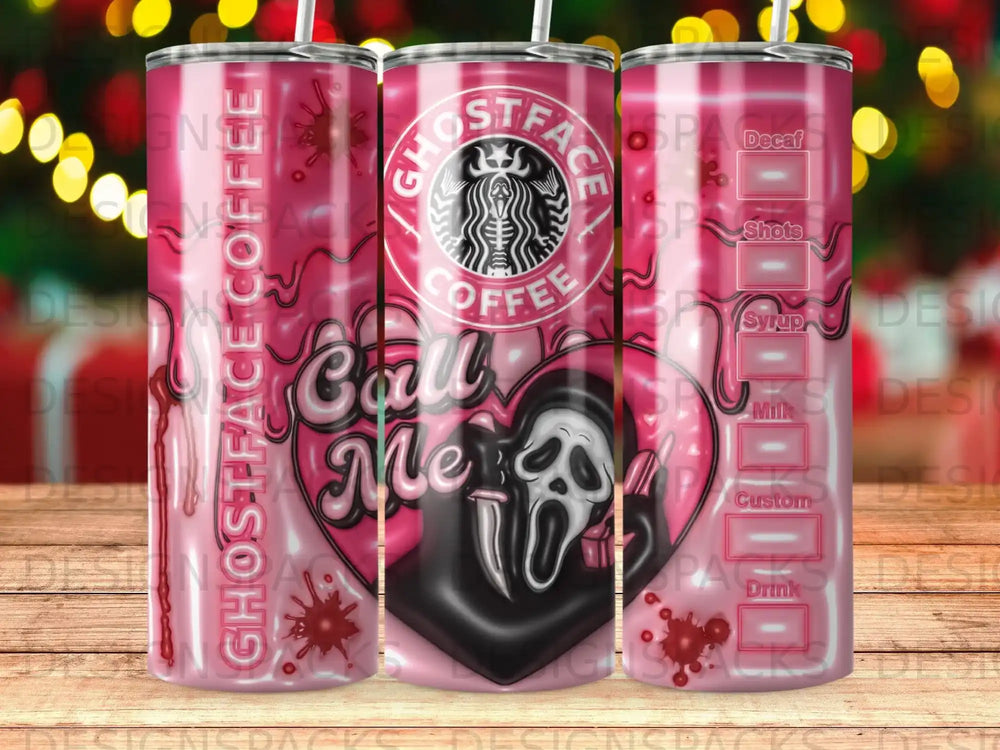 Ghostface Coffee "Call Me" design on a pink and black tumbler with coffee drink options.