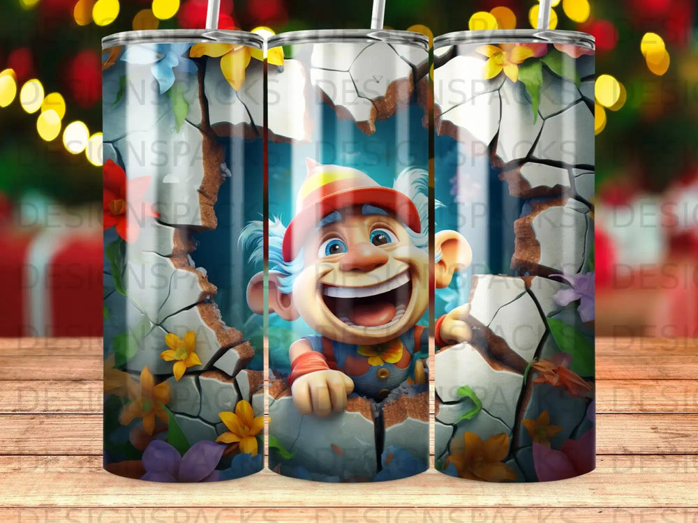 Happy troll bursting through cracked stone wall, surrounded by flowers.