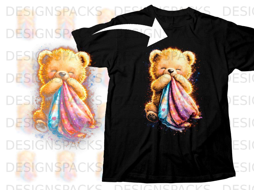 Black t-shirt with a watercolor illustration of a teddy bear holding a colorful blanket.