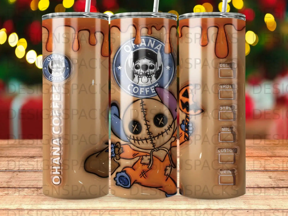 Stitch character holding coffee cup on tumbler with "OHANA COFFEE" text.