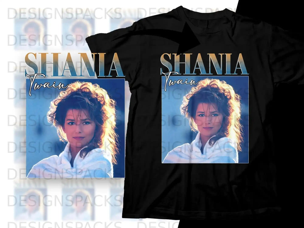 Shania Twain on black t-shirt graphic with "Shania Twain" text.