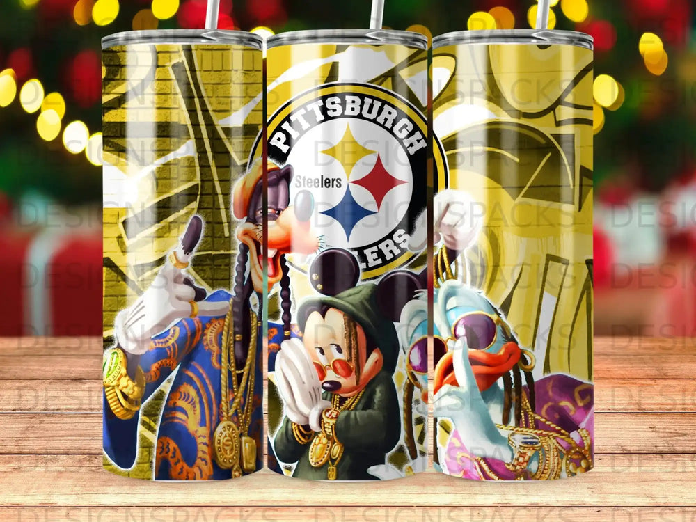 Pittsburgh Steelers characters in hip-hop attire on three tumblers.