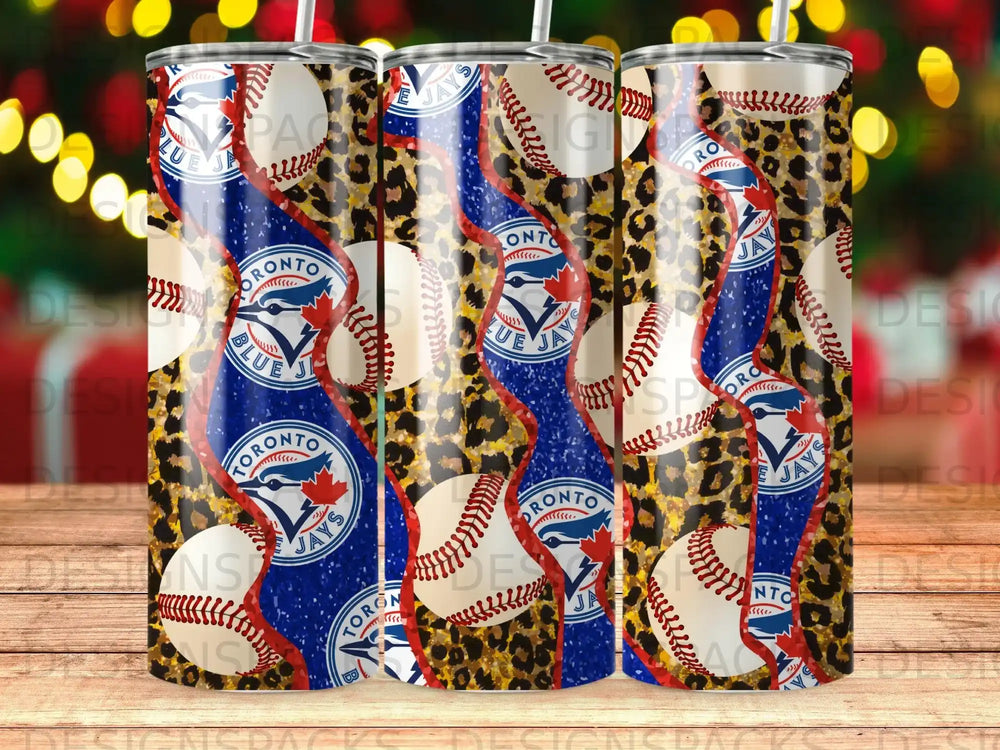 Toronto Blue Jays baseball, leopard print, and blue wave pattern tumbler.