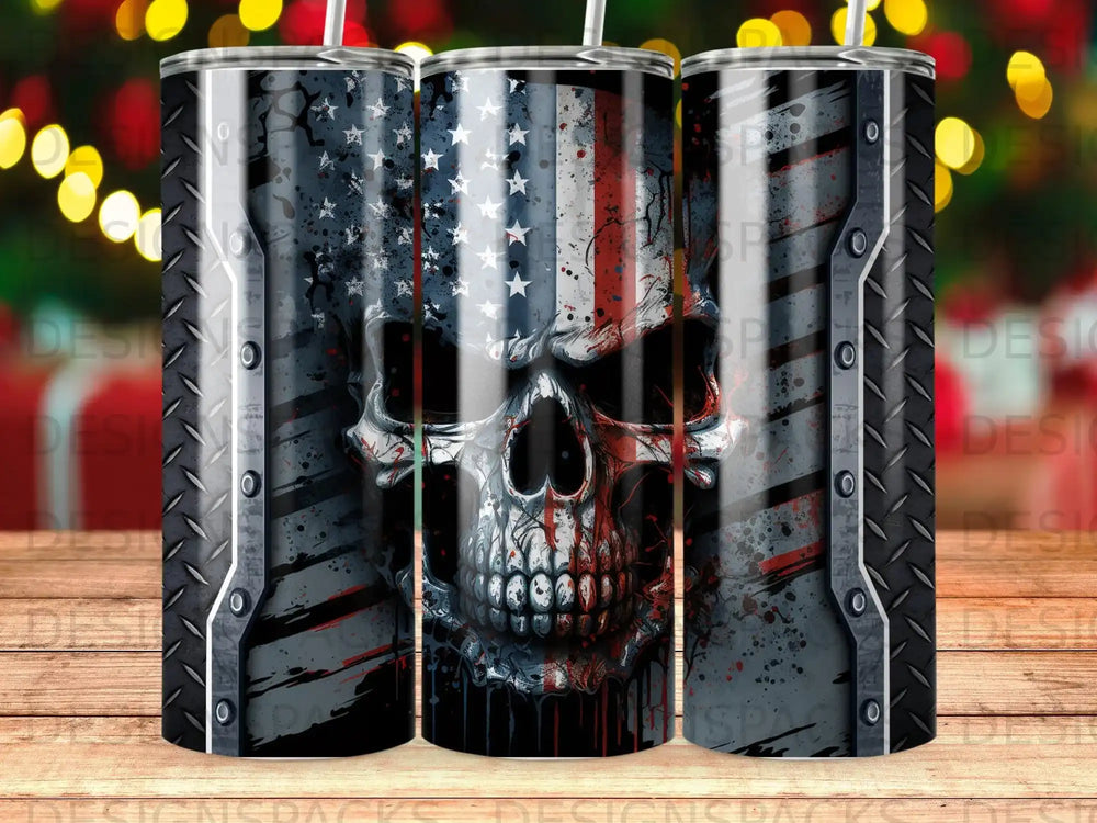 Distressed American flag skull tumbler with metal accents.