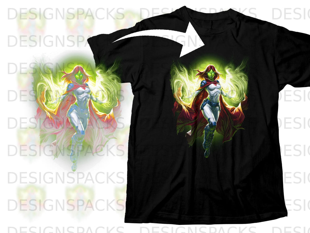 Black t-shirt featuring a comic book illustration of a female superhero with green skin.
