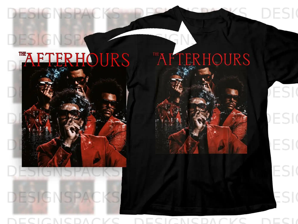 Black t-shirt featuring The Weeknd's "After Hours" album art.