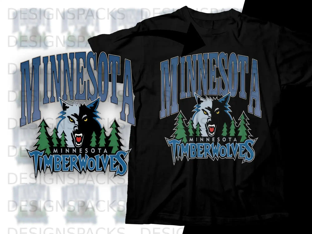 Minnesota Timberwolves logo with wolf and trees on a black t-shirt.