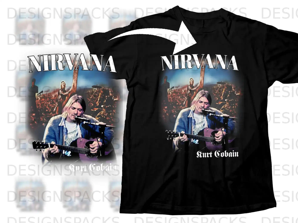 Black t-shirt with Nirvana logo and Kurt Cobain playing guitar.