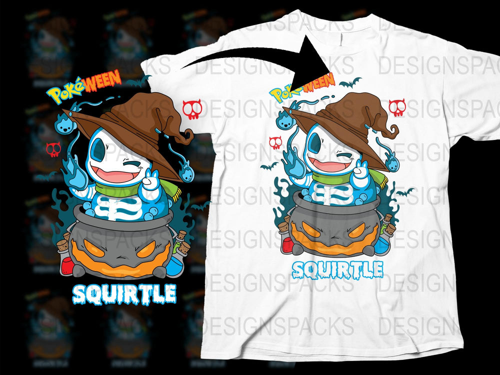 Halloween Squirtle T-Shirt, Cute Pokemon Graphic Tee, Spooky Cartoon Character Shirt, Kids and Adult Sizes Available