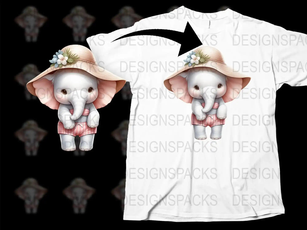 Cute Elephant Graphic T-Shirt, Floral Hat Design, Kids and Adults Sizes, White Shirt