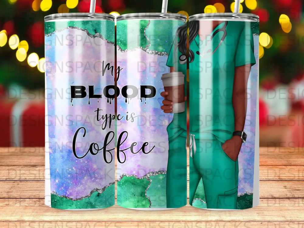 Tumbler with medical scrubs, blood splatter, and "Coffee" text.