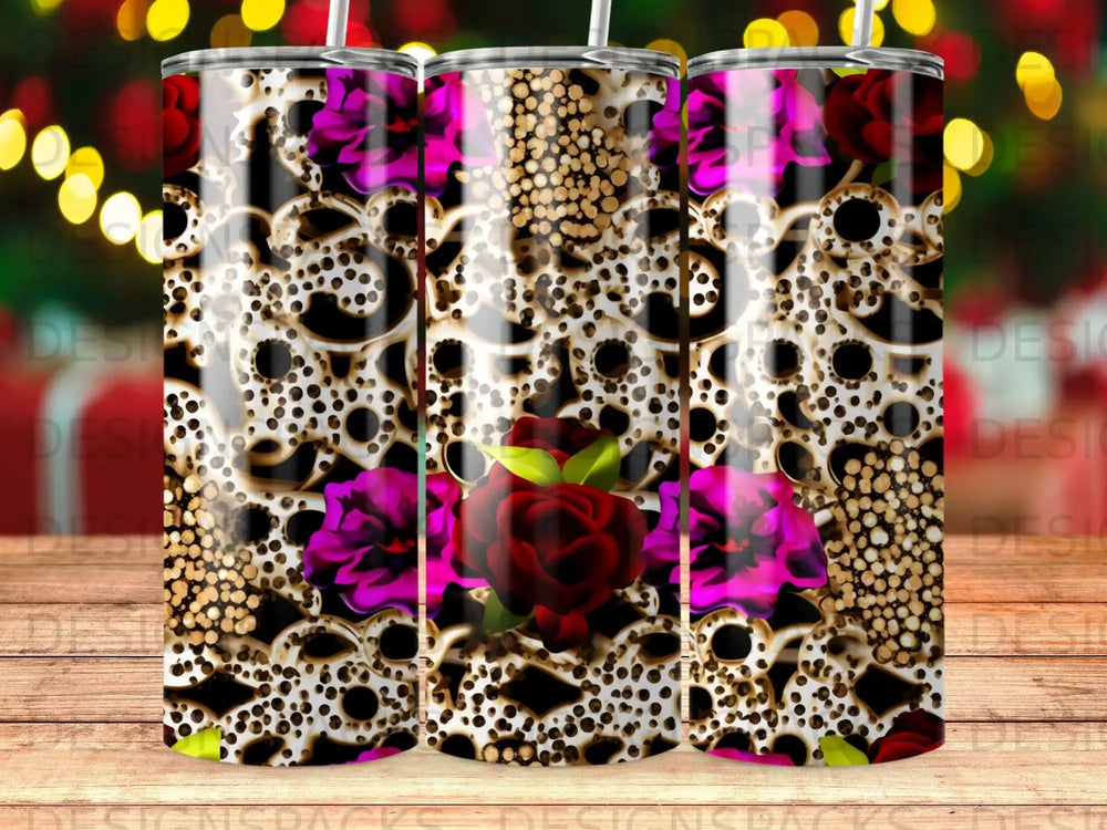 Floral tumbler with leopard print and gold polka dots.