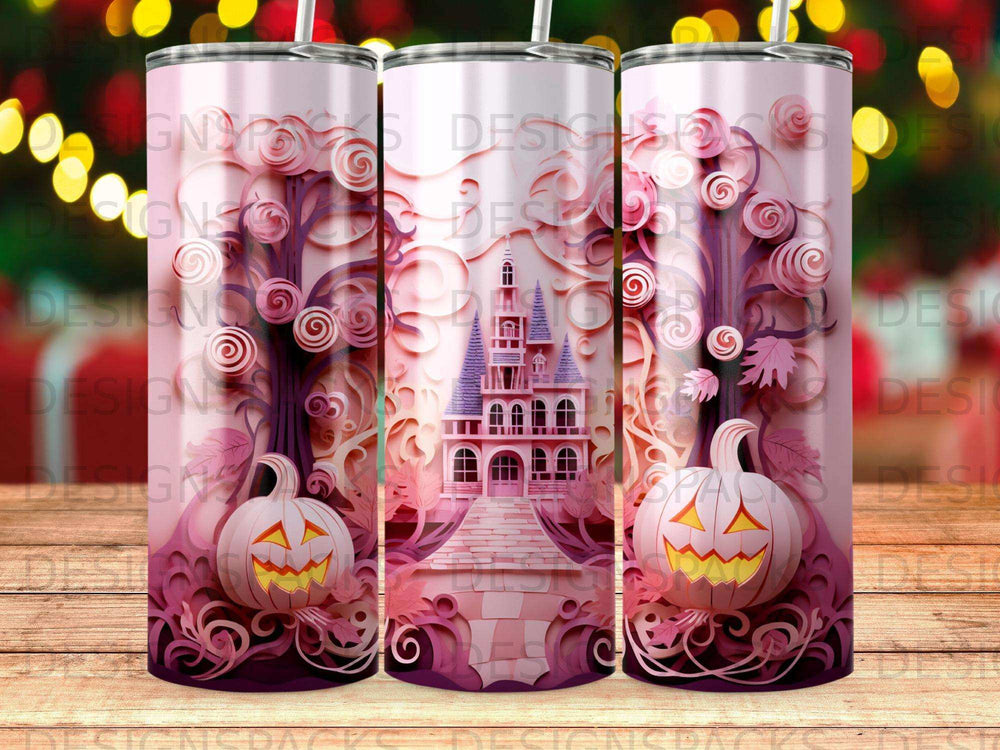 Pink castle and jack-o'-lanterns on a Halloween-themed tumbler.