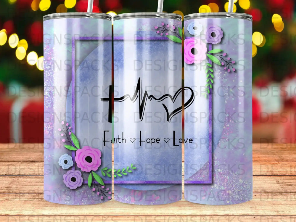 Tumbler with purple floral accents and "Faith Hope Love" text.