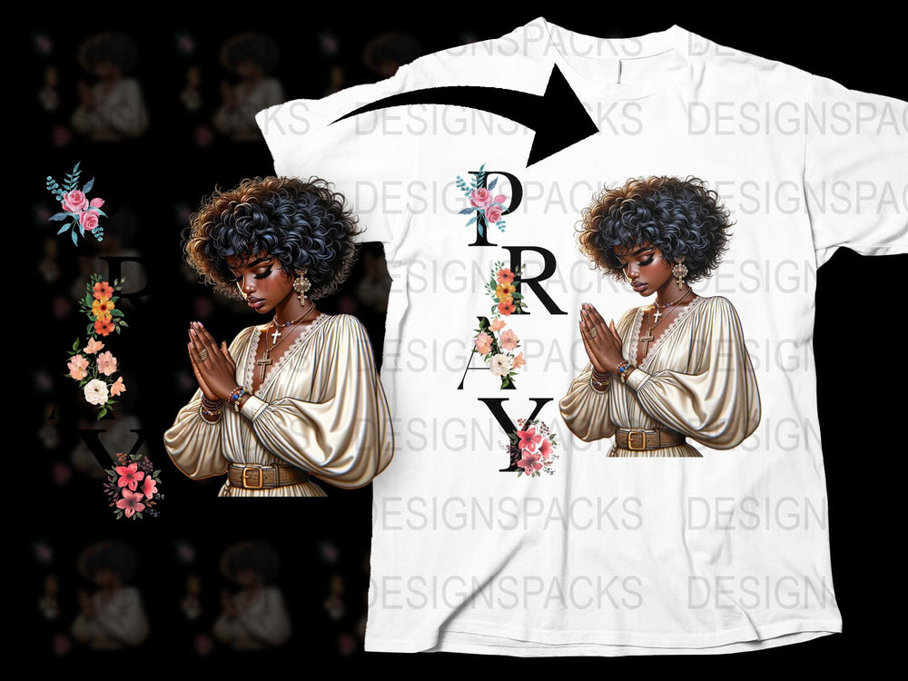 Afro Woman Praying Graphic T-Shirt, Floral Letter Art, Stylish Casual Wear, Unique Spiritual Shirt Design