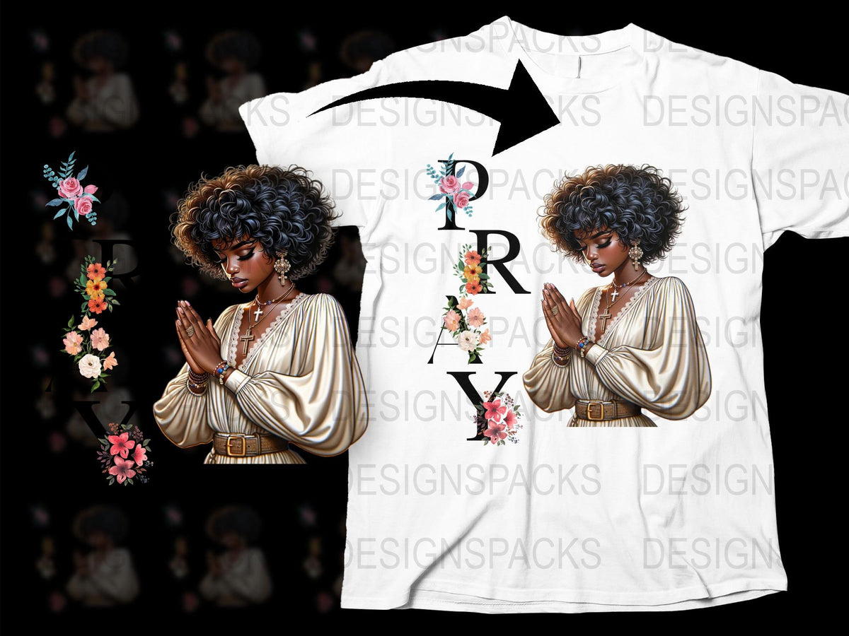 Afro Woman Praying Graphic T-Shirt, Floral Letter Art, Stylish Casual Wear, Unique Spiritual Shirt Design