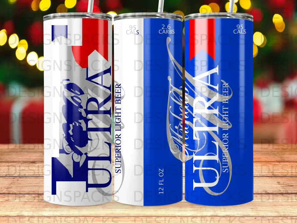 Three Michelob Ultra beer tumblers with blue, white, and red branding.